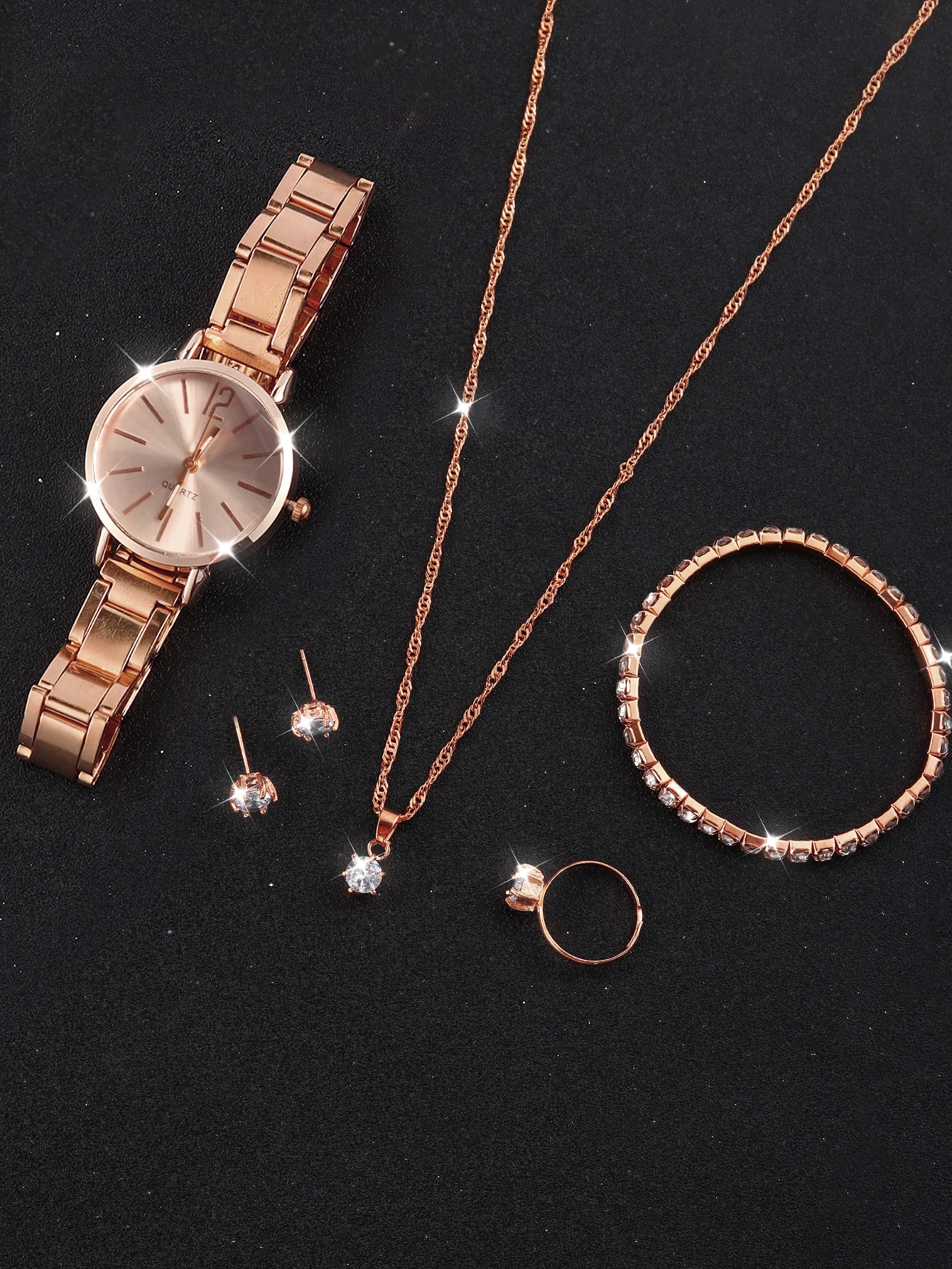 6PCS stylish compact alloy Rose Gold women's graduated quartz watch with diamond bracelet Necklace Earrings Ring jewelry set