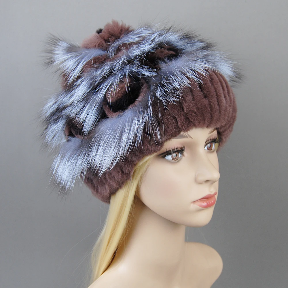 Women\'s Winter Fur Hat Natural Fur Knitted Real Rex Rabbit Fur Hats New Style Luxury Women Winter Silver Fox Fur Hat beanies