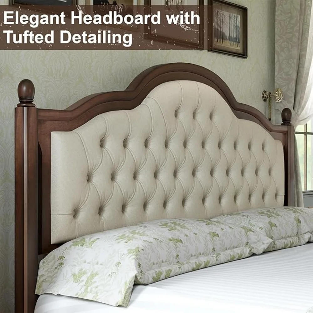 Solid Wood Bed Frame Queen Size, Transitional Platform Bed with 52.5" Upholstered Tufted Headboard, Rubberwood/Roman Column image 3