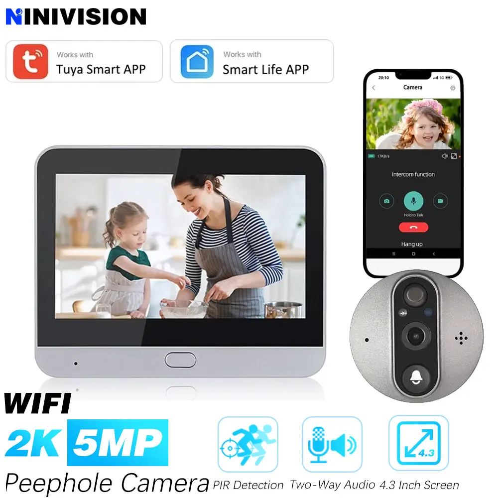 Tuya SmartLife 5MP Button Doorbell 5000mAh Wire-Free Peephole Door Eye Camera Video Intercom Home Security 4.3 Inch Baby Monitor