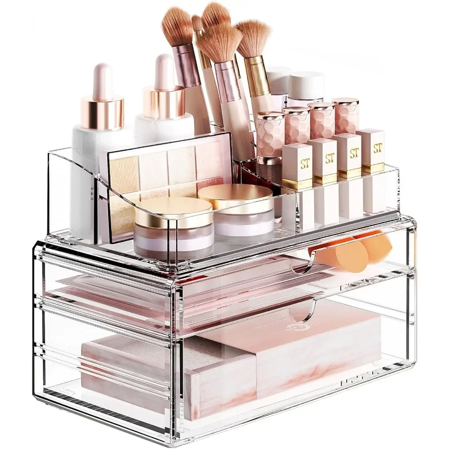 

3Tier Clear Makeup Organizer with Drawer Acrylic Cosmetic Display Case for Makeup Vanity Bathroom Counter Organizers and Storag