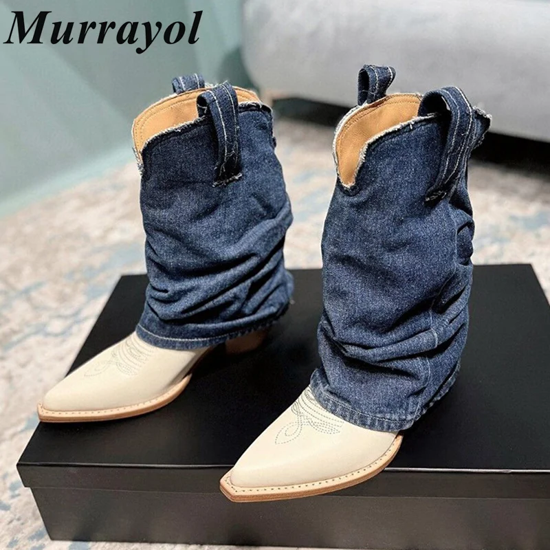 Pointed Toe Mixed Color Canvas Splicing Mid-Calf Boots Women Wrinkle Design Pants Long Boats   Winter Fashion Modern Boots