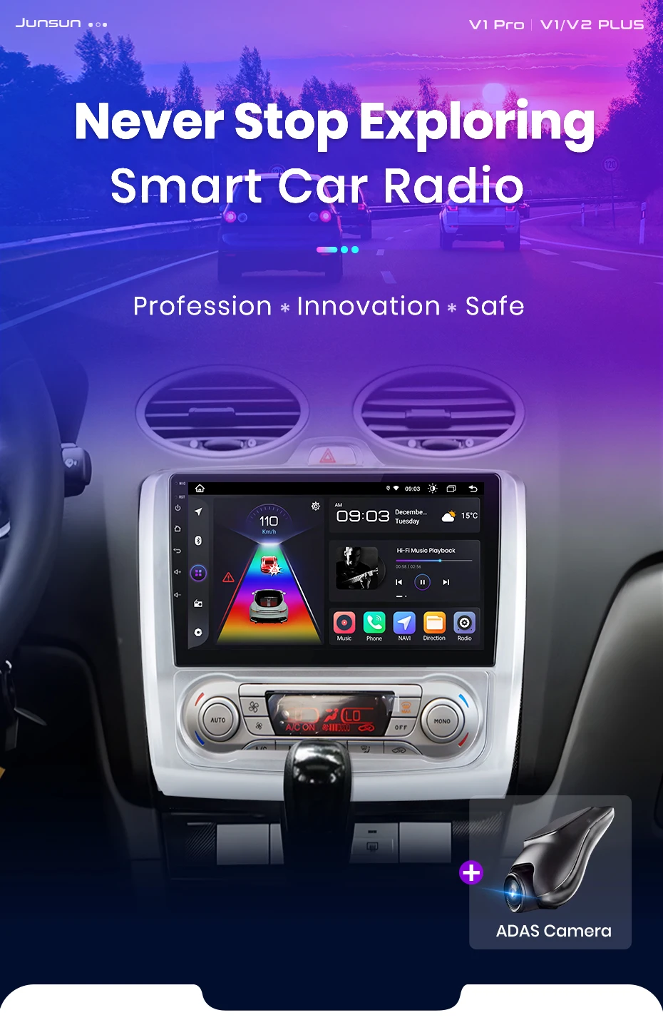 Junsun Kabelloses CarPlay Android Auto Autoradio für Ford Focus 2 3 Mk2 Mk3 2004-2011 2 DIN Multimedia-Stereoanlage mit Eingebautem Kühlventilator GPS-Navigation SWC Bluetooth FM RDS DSP IPS-Bildschirm Auto-Intelligentes System 4G WiFi – Detail 4