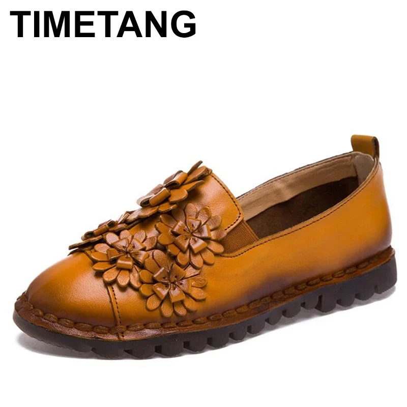 

TIMETANG Women Genuine Leather Shoes Summer and Autumn Casual Flats Women Fashion Flowers Round Toe Solid Loafers Women