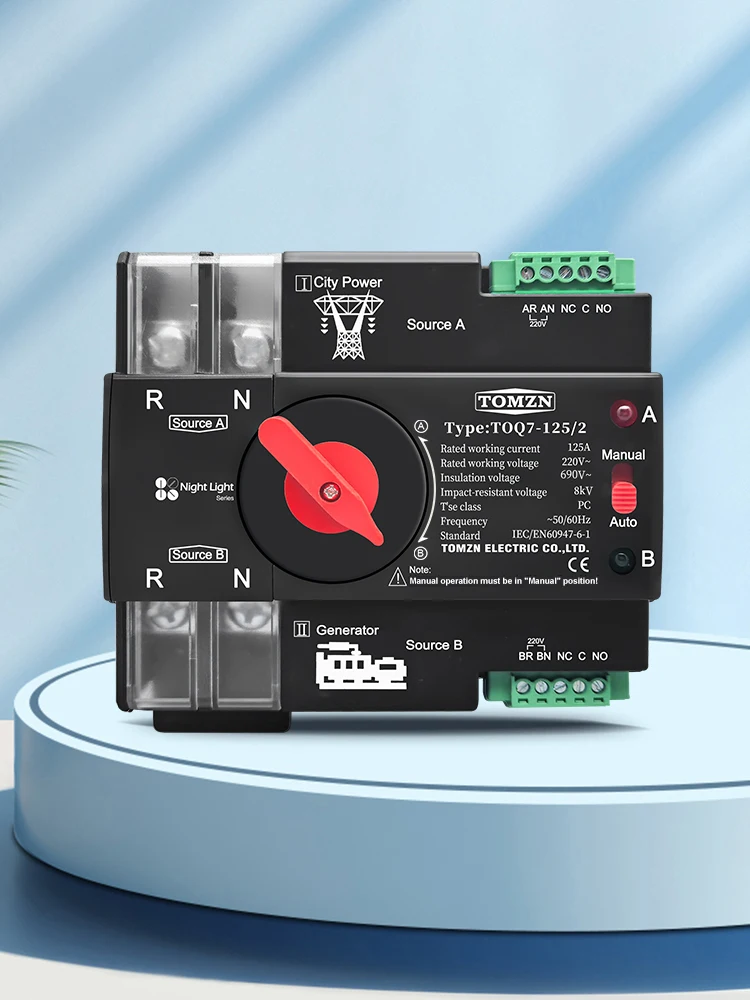 TOMZN Przełącznik Automatyczny ATS na Szynę DIN AC 220V 230V, Podwójne Zasilanie, Przełącznik Elektryczny Automatycznego Przełączania, Bezprzerwowy, 2P 63A 100A 125A — zdjęcie 2