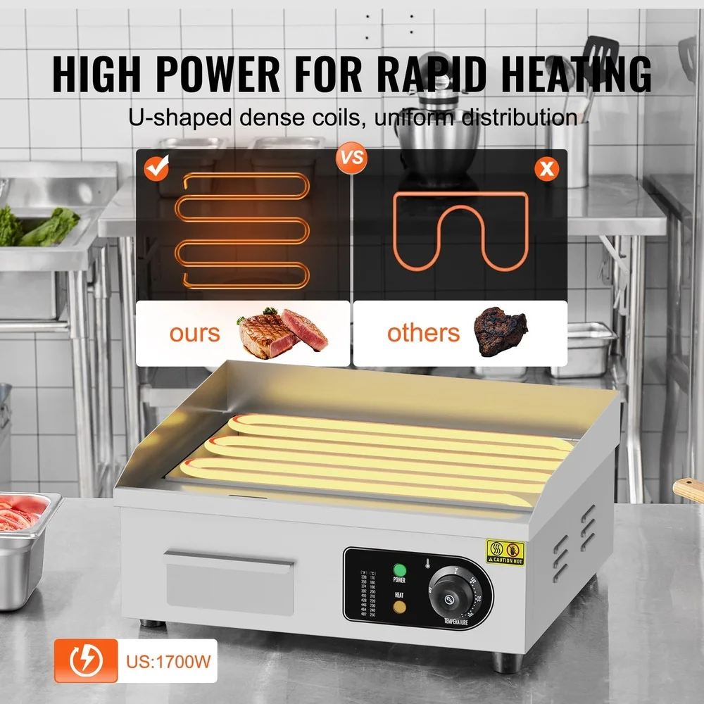 1700W Electric Griddle Commercial Cooking Flat Surface Temperature Control 122 to 572F Easy Clean Iron Plate with Accessories
