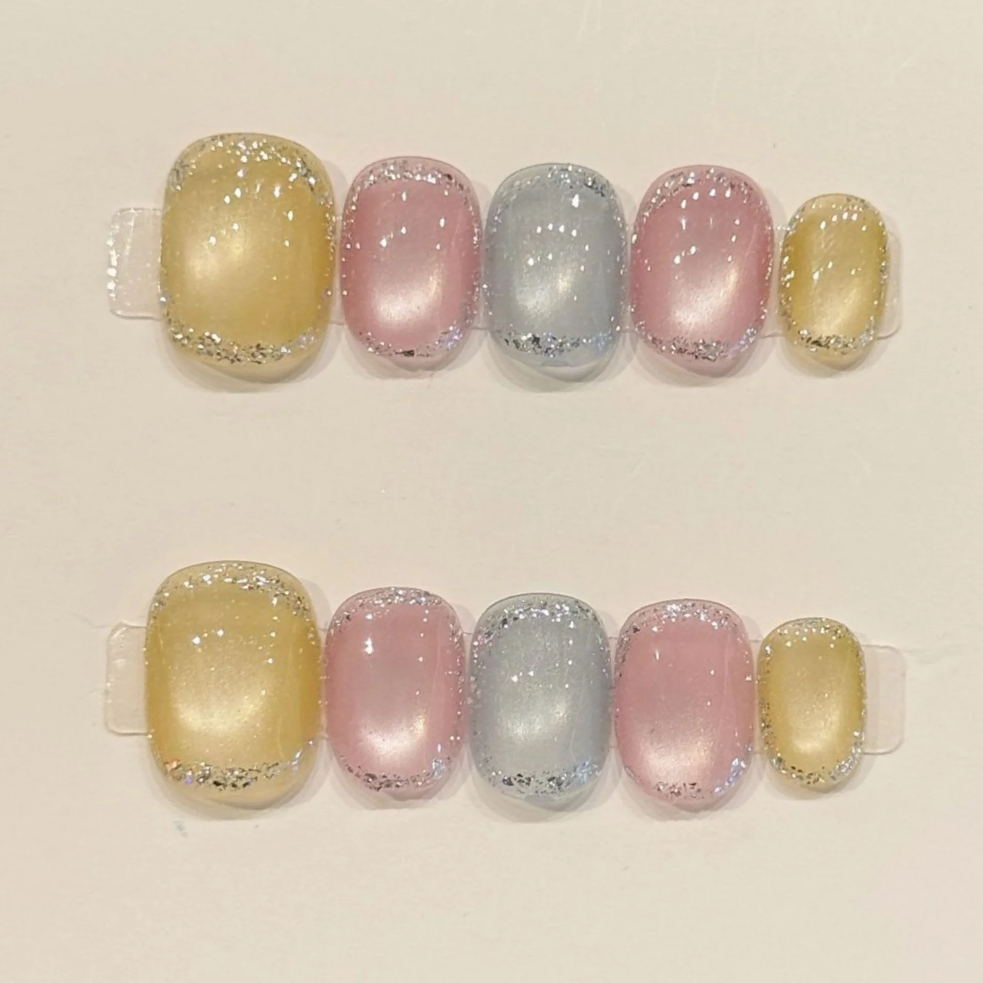 10 pièces faux ongles faits à la main Art avec paillettes strass faux ongles pointe coloré oeil de chat Simple court carré rond presse sur les ongles