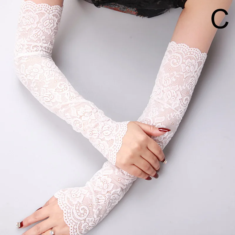 

Summer Ice Silk Lace Arm Sleeve Elastic Sleeve Driving Gloves Black White Long Fingerless Mittens Sunscreen Gloves Women