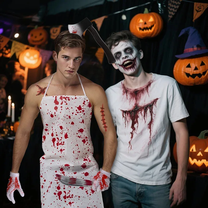 

Bloody Butcher Costume Killer Chef Apron Scary Knife Headband Spooky Tattoo Stickers Halloween Cosplay Accessory for Adult