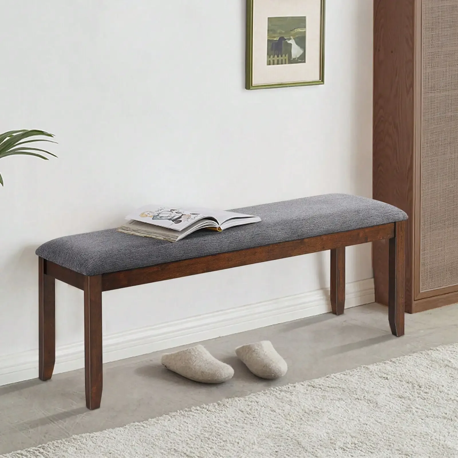 

Dining Bench Upholstered Cushioned Bench Footstool Kitchen w/ Wood Legs