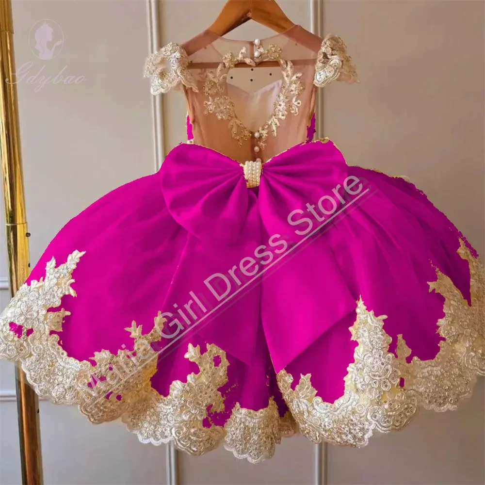 

Платье для девочек на заказ, цвет розово-красный, для дня рождения, свадьбы, юбилея, с золотой цветочной вышивкой