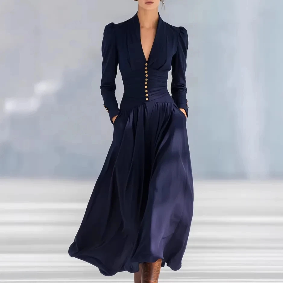 

V-neck Long-sleeved Spliced ​​hem Elegant Dress Womens New Solid Color Pocket Park Outdoor Camping Walking Casual Dress