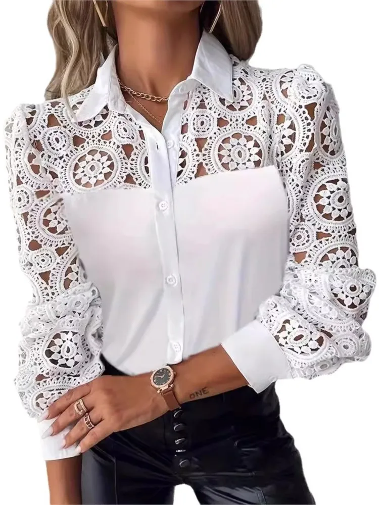 Lace Elegant Women\'s Blouse Sexy Hollow Lapel Button Up Long Sleeve Office Ladies Shirt 2024 Sping Autumn Fashion White Top