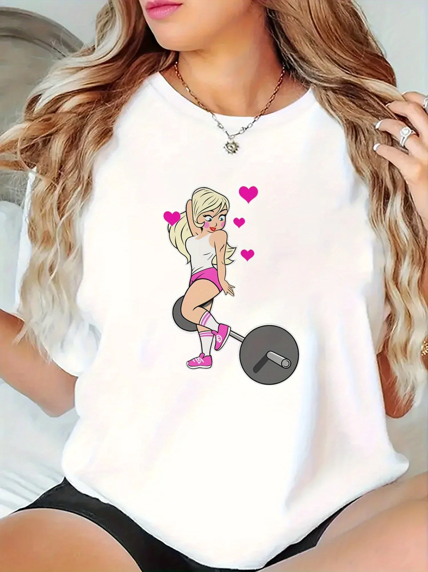 Women's Fitness Graphic Print T-Shirt Breathable Round Neck Tee with Cartoon Character Design for Gym Casual Outdoor Activities