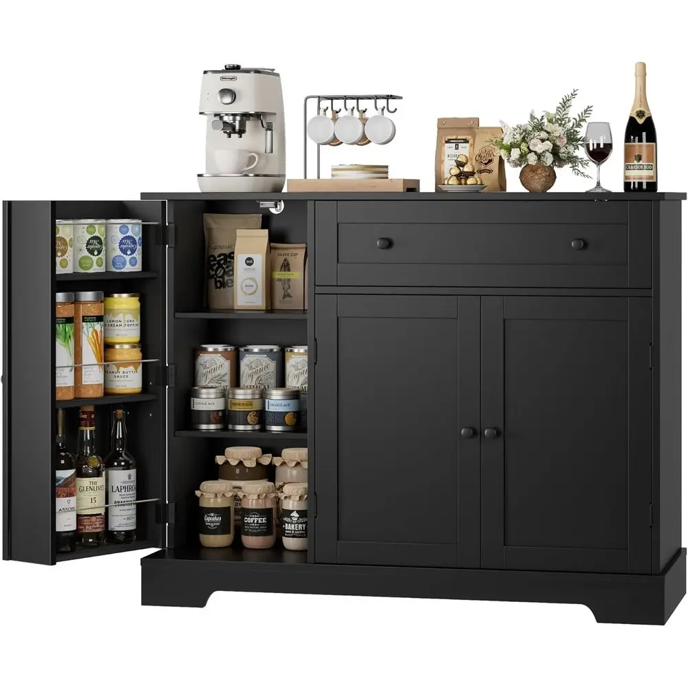 

Кухонный шкаф для хранения с выдвижными ящиками и регулируемыми полками для столовой и гостиной - черный