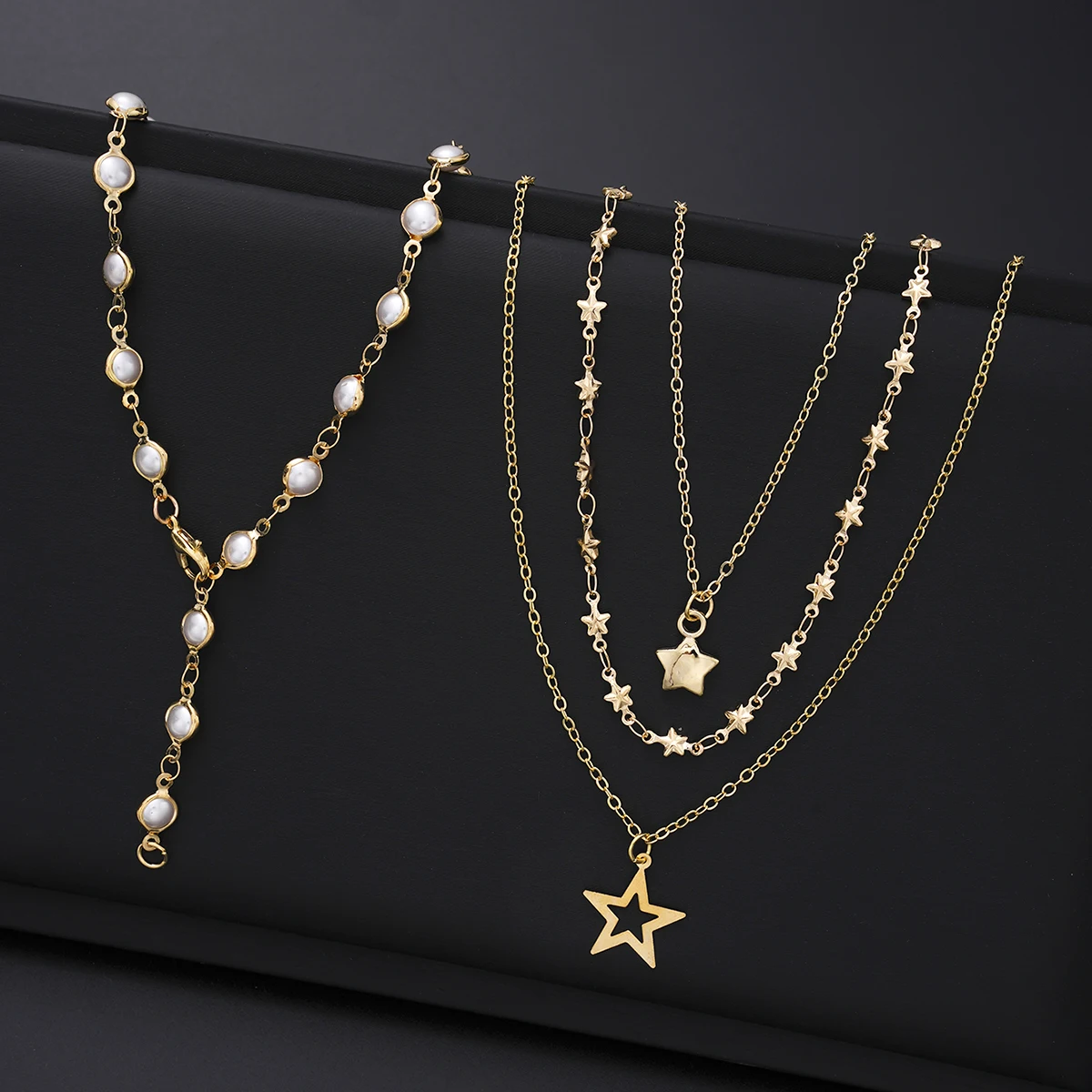 4pcs Fashion Simple Elegant Star Pendant Necklace Set Retro Pearl Y-Shaped Long Chain Necklace for Women Daily Wear Jewelry Gift