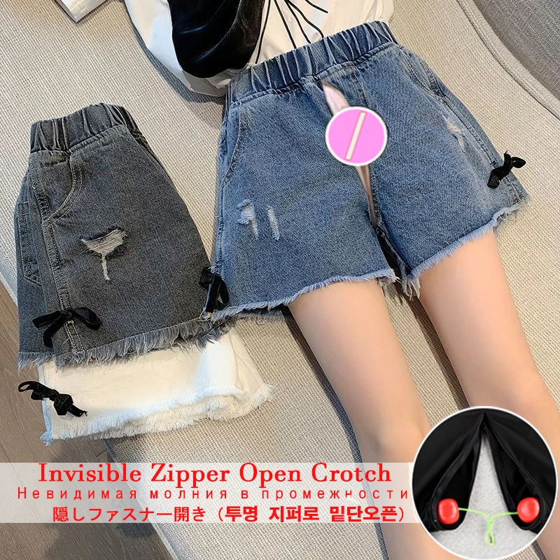 

Girls' Denim Shorts Summer New Medium and Large Children Open-Seat Pants Korean Style Ripped Fashion Pants Children Casual Pants