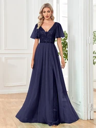 Lucyinlove-Vestido elegante de lantejoulas, Decote V, A-line Ruffles, Chiffon Robe, mangas curtas, vestidos de casamento formal