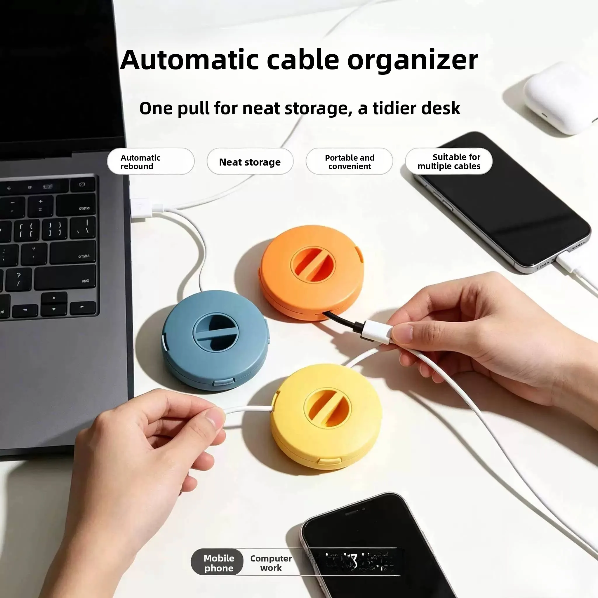 Automatic Retractable Data Cable Organizer Storage Box Multi-Function Wire Management Coiling Device