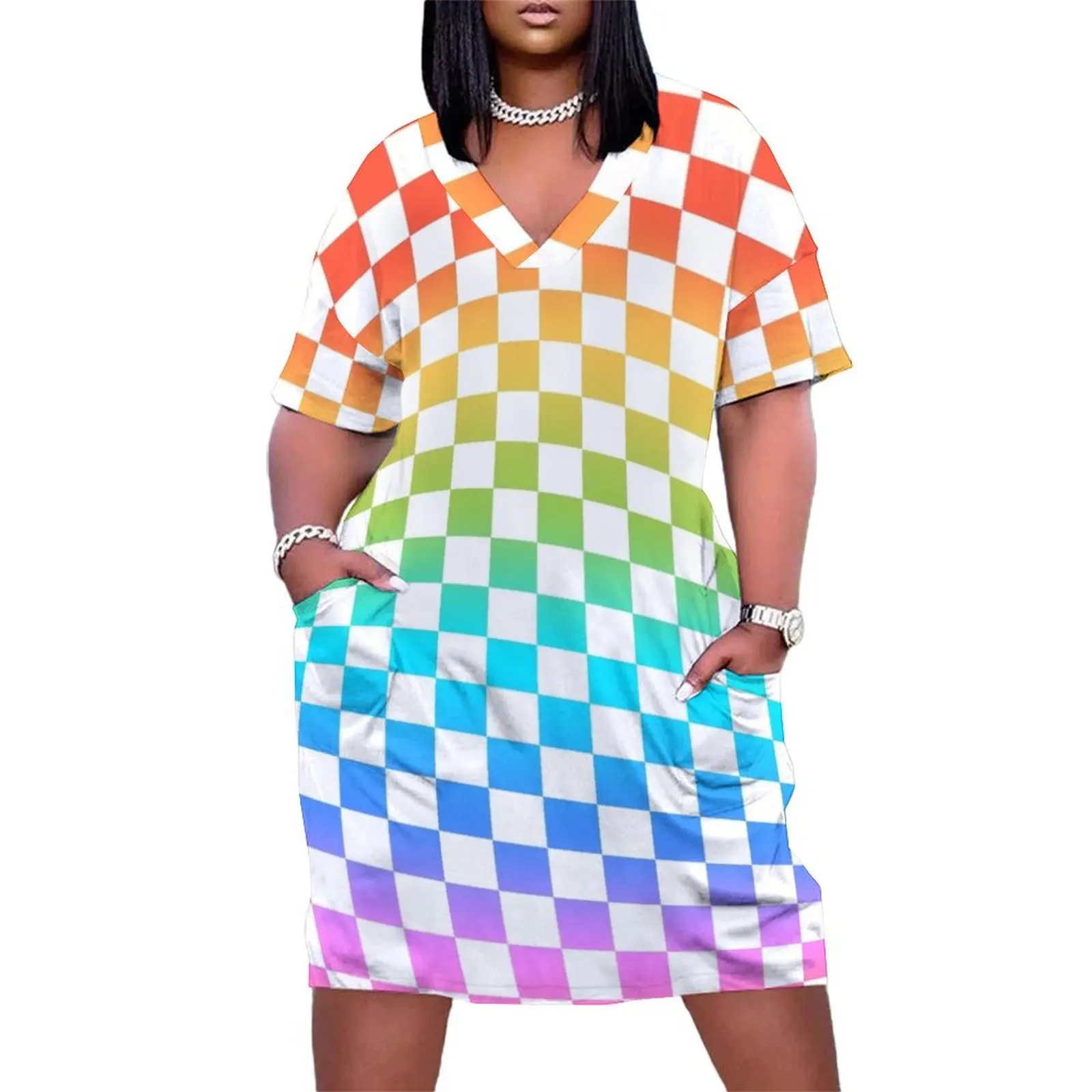 

Rainbow Checkerboard Loose Pocket Dress Dress for girls dress korean style Woman's evening