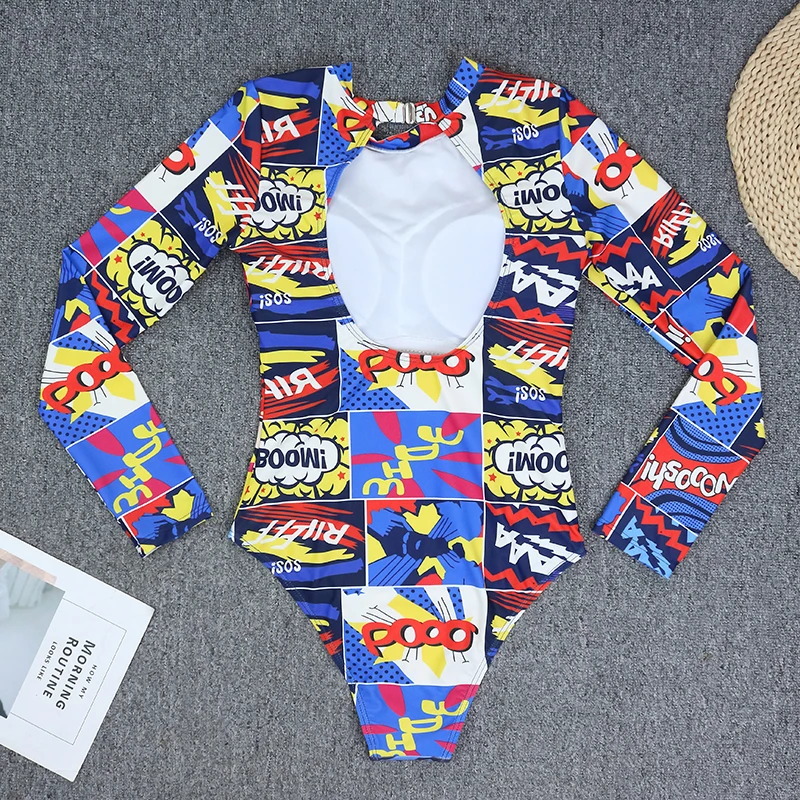 Sexy Rash Guard Women Swimsuit 2024 One Piece Long Sleeve Bodysuit Zip Front Bathing Suit Leaf Print Beachwear Surf Monokini