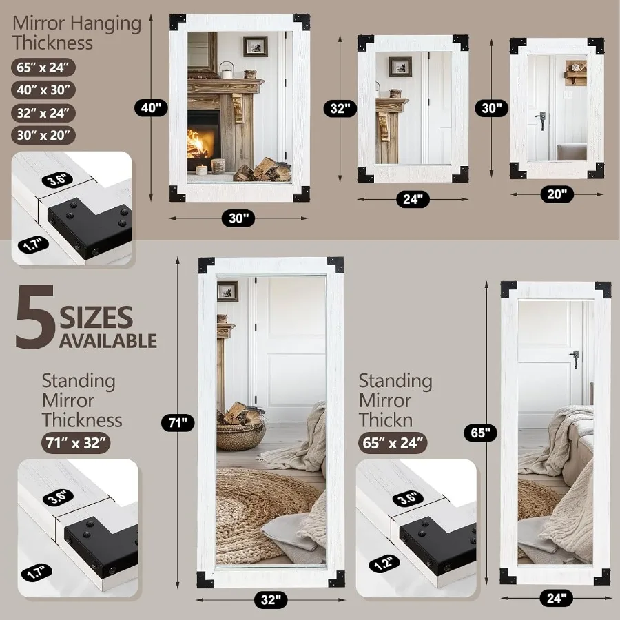 Cermin Panjang Ukuran 65x24 Inci dengan Bingkai Kayu dan Aksen Dekoratif Logam, Finishing Putih Rustic, Sempurna untuk Ruang Masuk atau Kamar Tidur