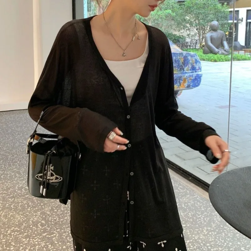 Long Sleeve Shirt Cardigan Women Thin Jacket Tops Sun Protection Clothing V-neck Sweater Buttons Korean Fashion Tops Black Gray