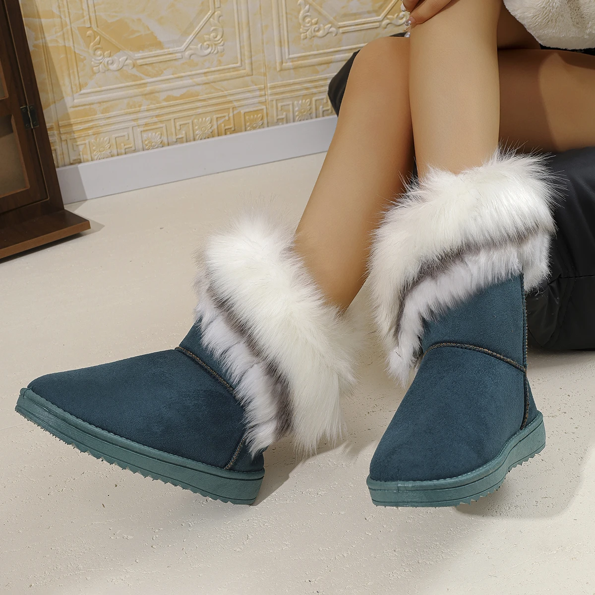 Damen-Winterstiefel bis zum Knie, mit Fell gefüttert, Baumwollschuhe, Freizeit-Flachschuhe, runde Zehen, Gummisohle, einfarbig – Detail 16