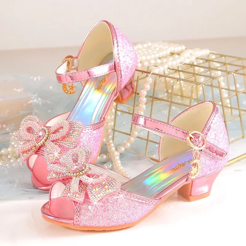 Summer Girls Sandals With Heel Fashion Rhinestone Shiny Glitter Shoes Children Princess Bowtie Pearl Dancing Shoes