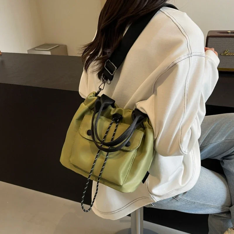 Casual Small Drawstring Bucket Handle Bag Waterproof Lightweight Practical Nylon Crossbody Bag Adjustable Strap Shoulder Bag