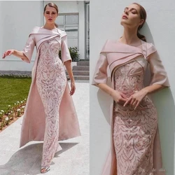 Pink Satin Lace Evening Dress Luxury Half Sleeves With Trailing Tail Mother of the Bride Dresses Plus Custom Formal Party Gown