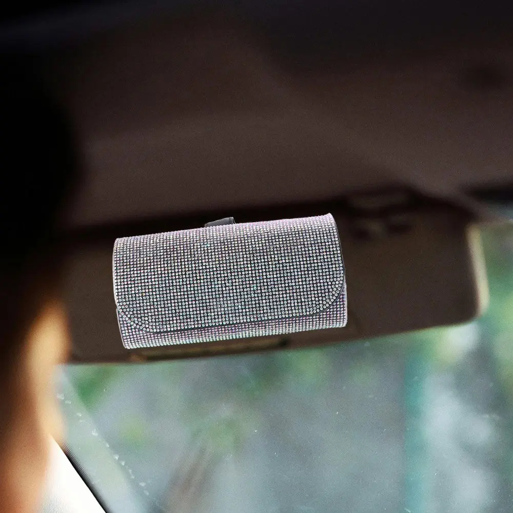 

Bling Sun Visor Glasses Case Rhinestone PU Leather Car Eyeglasses Holder Clip Organizer Crystal Sunglasses Storage Box