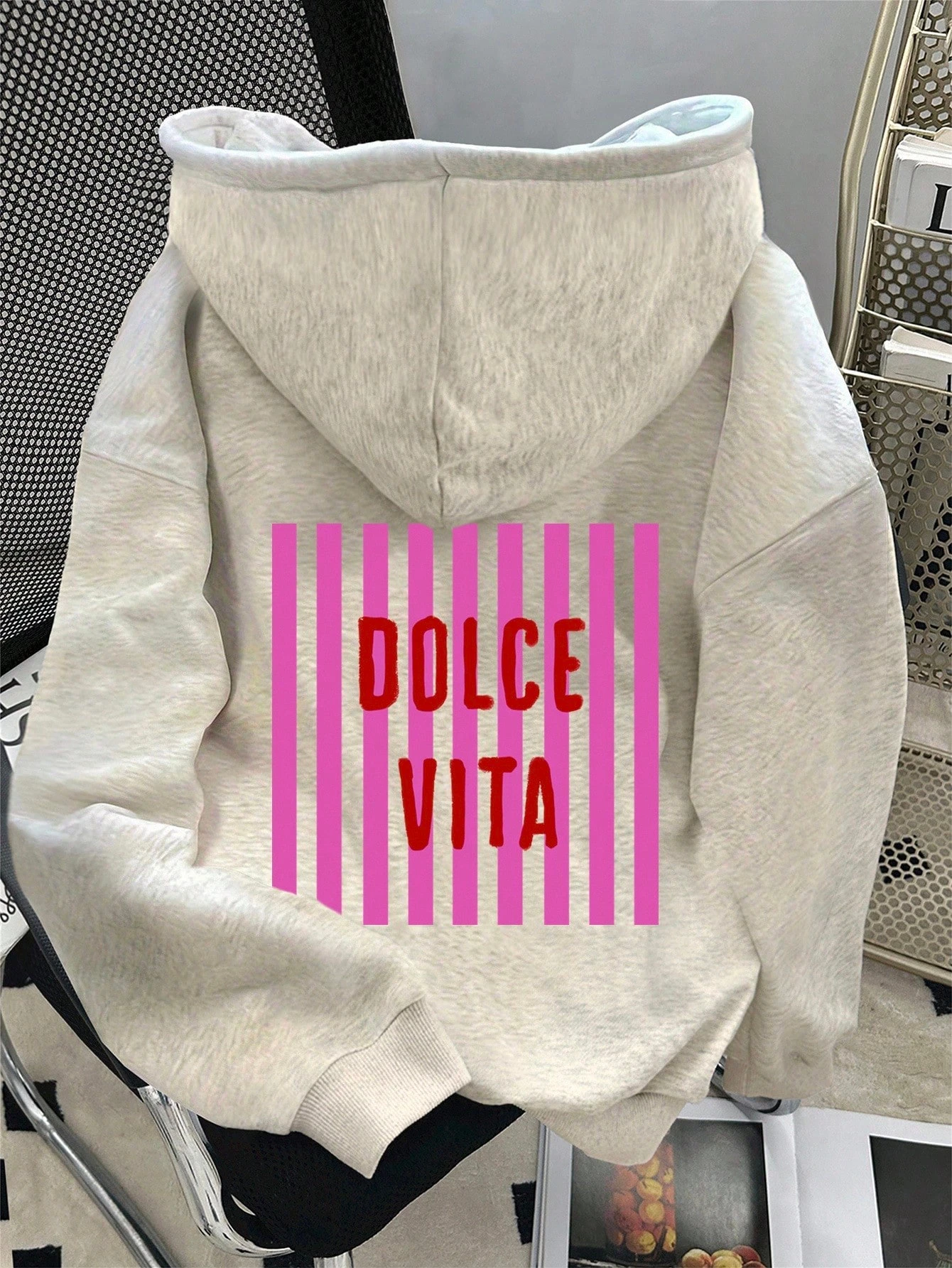 هوديي نسائي قطني رمادي فاتح فضفاض مناسب للخريف والشتاء والدفء ملابس غير رسمية من الأمام نجمة صغيرة خلفية نمط نجمة كبيرة #3