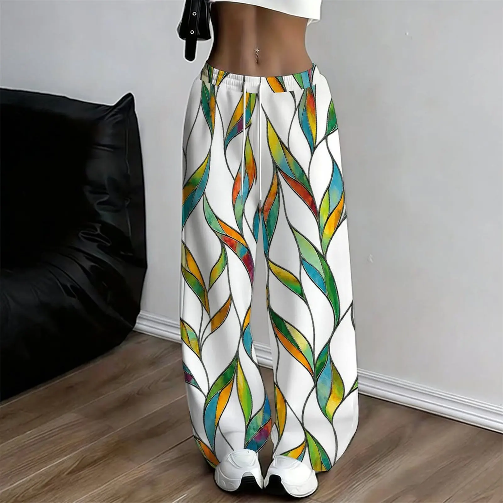 Women Multicolor Wavy Stained Glass Leaf Printed Loose Straight Leg Full Length Pants