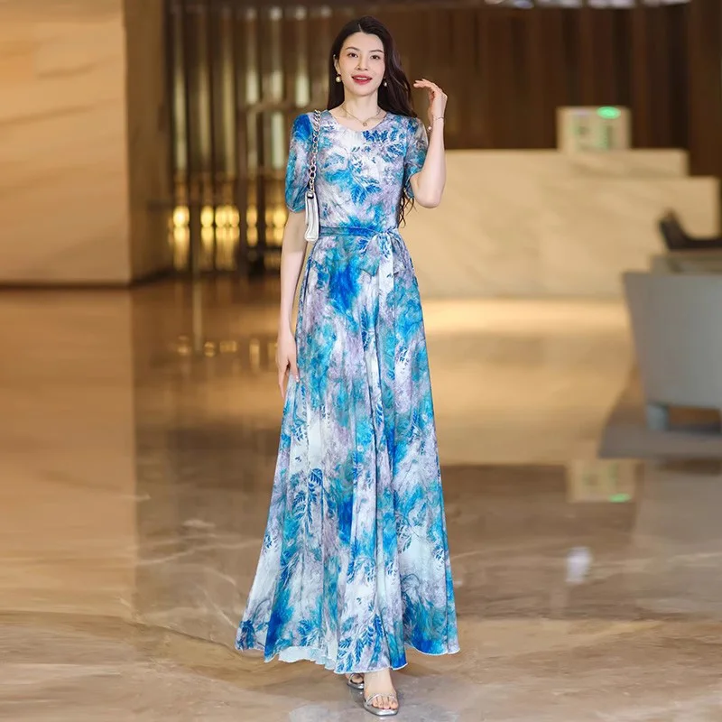 

New Women Summer Blue Print Dress Fashion O-Neck Short Sleeve High Waist Long Dress Elegant Slim Flowing Floral Dress