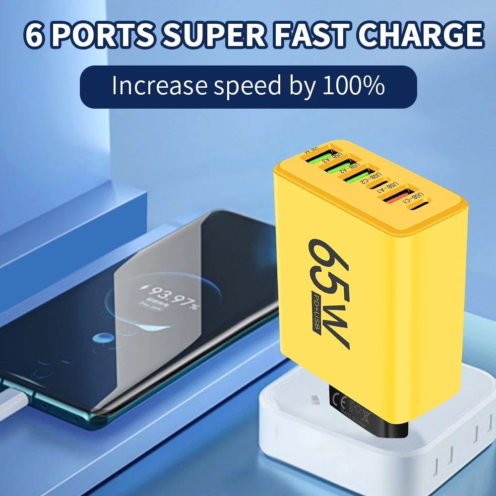 65W PD USB Fast Charging Charger 6 Ports Quick Charge 3.0 Mobile Phone Charger Adapter For iPhone15 Xiaomi Samsung Wall Charger image 3
