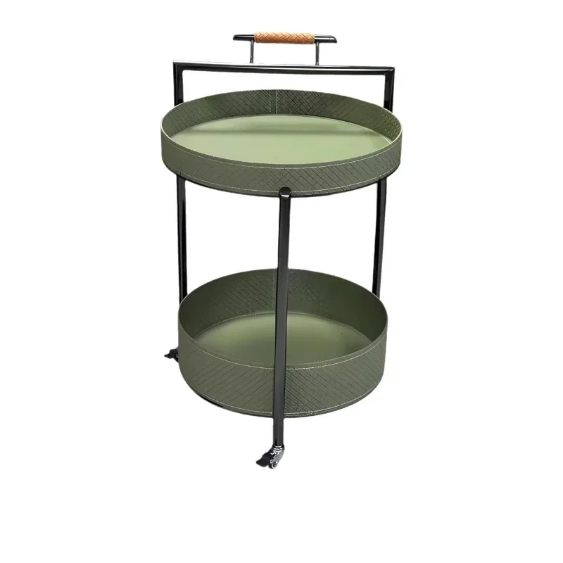Round saddle leather trolley with wheels Movable sofa side table, trolley Saddle leather small coffee table