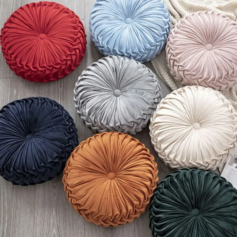 38cm Round Pleated Throw Pillow Soft Velvet Cushion Floor Pillows for Living Room Chair Couch Sofa Decorative Pillows For Bed