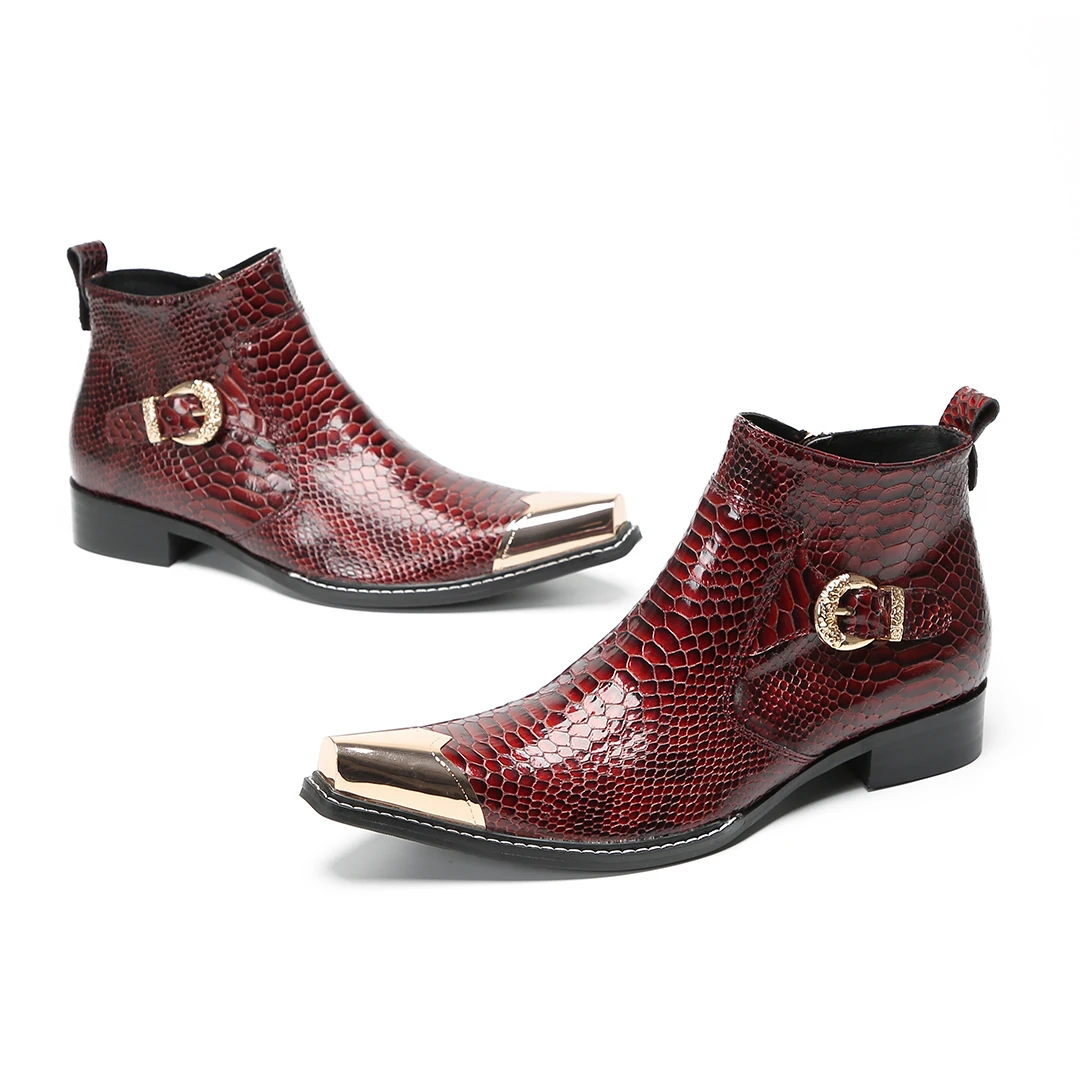 Red Pointed Toe real Leather Men Ankle Boots big size Club Party formal Dress Shoes fashion Male zipper Motorcycle Short Boots view 3