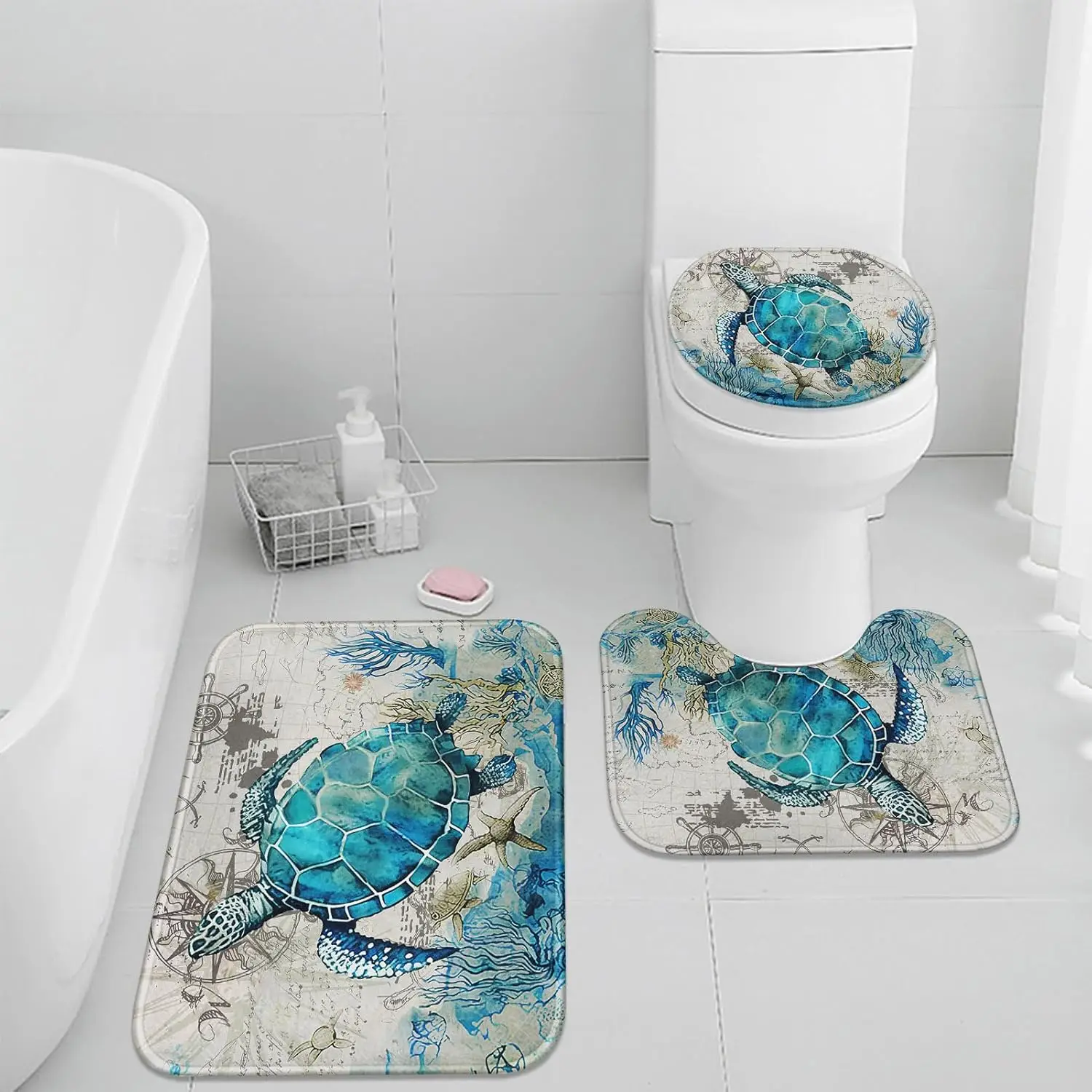 

Набор ковриков для ванной из 3 предметов с синей черепахой, морской принт в виде морской звезды океана, моющийся нескользящий впитывающий набор для декора пола для комнаты