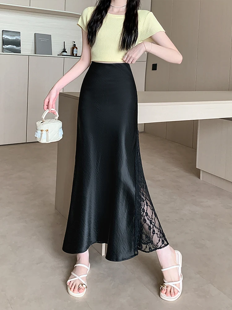 

High Waist Acetate Satin Fi Tail Skirt Women's Summer Slimming Lace Splice Bodycon Long Skirt plus Size f Body Skirt