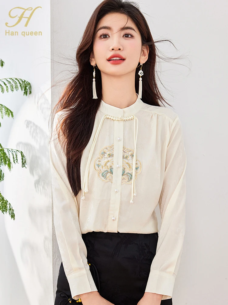 H Han Queen 2024 Autumn Tops Female Blouse Fashion Embroidered Simple Shirt Korean Chic Casual Blouse Long Sleeve Woman Clothing