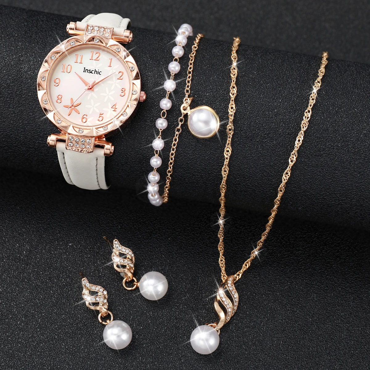 5PCS/Set Fashion Flower Dial Women\'s Quartz Watch Leather Band Wrist Watches Pearl Jewelry Set（Without Box）