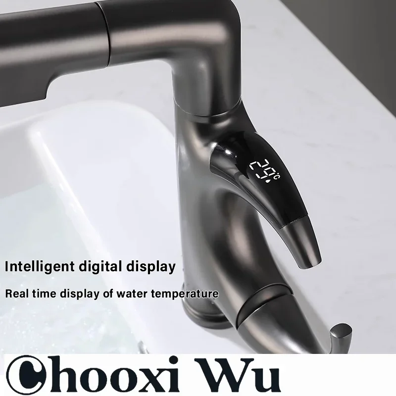 CHOOXIWU-حوض الحمام الإبداعي القابل للسحب ذراع آلي شاشة ديجيتال ذكية تمتد الساخنة والباردة ثقب واحد صنبور بار