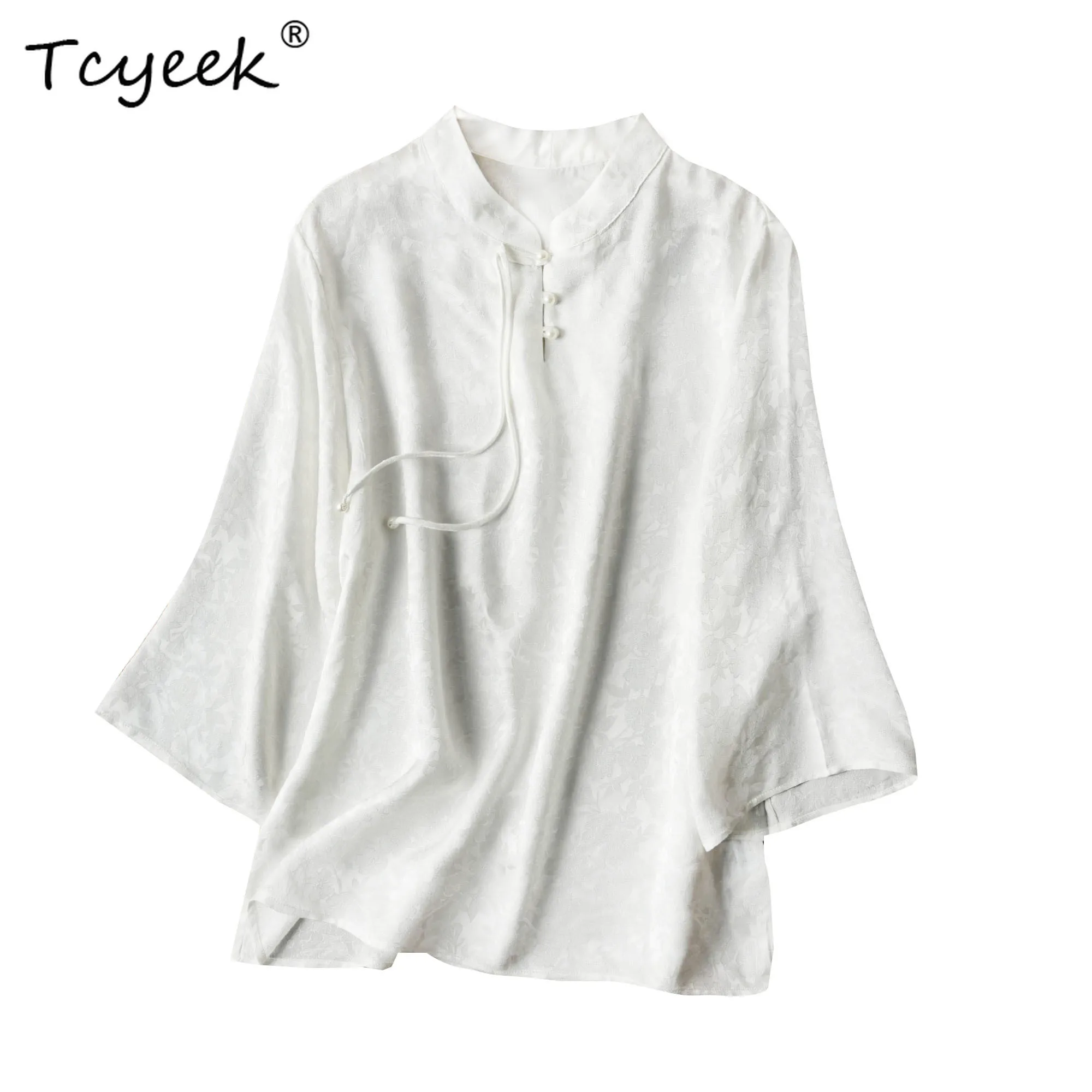 Tcyeek Camicie da donna con maniche a sette quarti in vera seta di gelso al 100% stile Guofeng estivo con colletto Su Li Ж Dön hei Одеж Б 