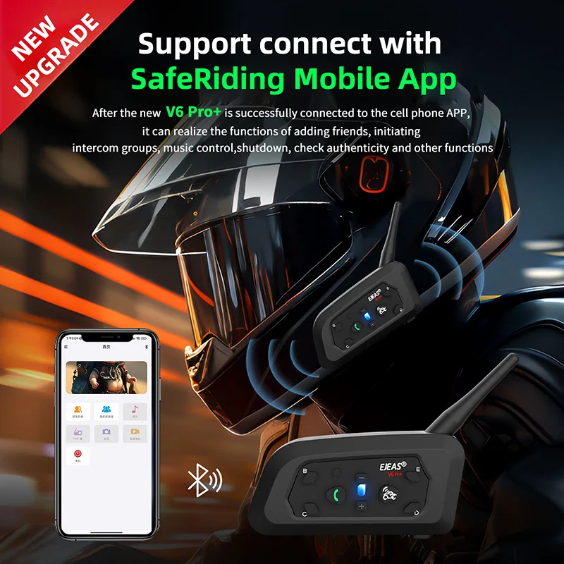 

EJEAS V6 PRO+ Motorcycle Helmet Bluetooth Intercom Moto Walkie Talkie Communicator 800m 6 Riders Noise Reduction IP67 Waterproof