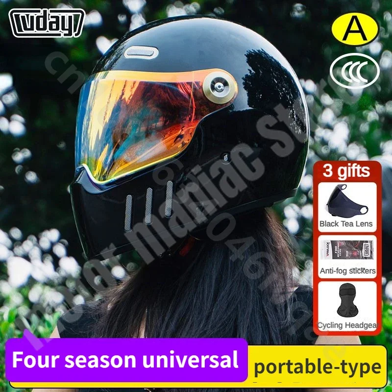 VD-Casco Retro para motocicleta, protector de cabeza completo, transpirable, con lente de Color Universal, para las cuatro estaciones