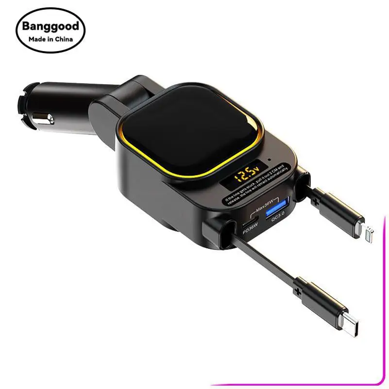 

SC07 New Cigarette Lighter Digital Display Dual Telescopic Cable Wheel 96W Car QC3.0 Charger PD36W One To Four