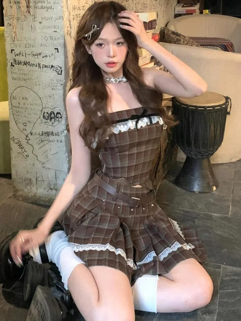 Retro Plaid Bra Top Pleated Skirt Two-piece Set Women Lace Splice Collarbone Sleeveless Bow Summer Spicy Girl Sweet Korean Suit