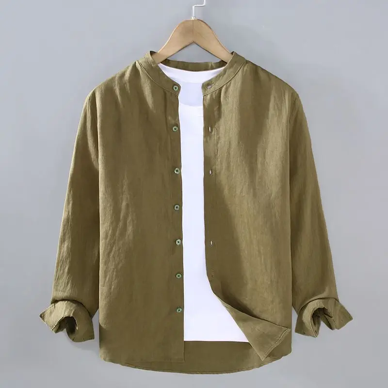 Pure Linen Men& Long-sleeved Shirt Spring and Summer National Style Stand Collar Shirt Large Size Loose Versatile Trendy Clothes